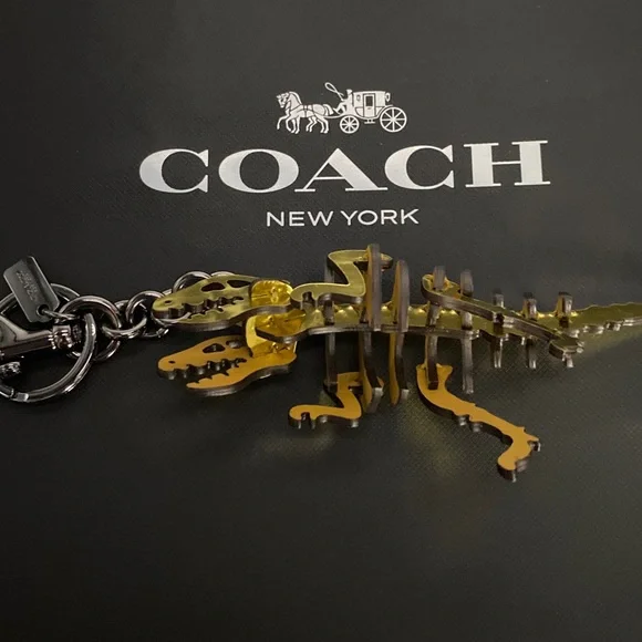 Coach Gold Metallic Rexy Dinosaur Puzzle Fob Small Bag Charm Keychain NWOT Leath - Picture 4 of 11